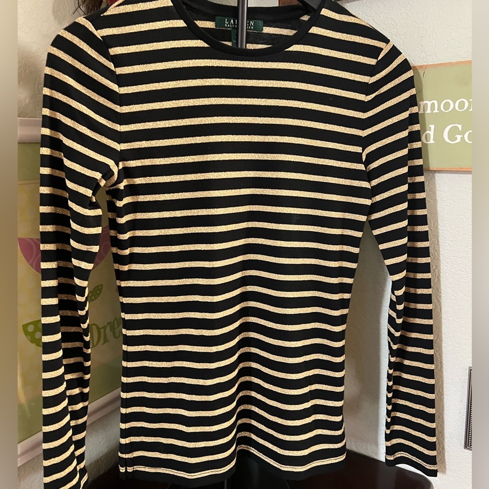 NWOT Ralph Lauren Black and Gold Striped Long Sleeve Shirt #007
